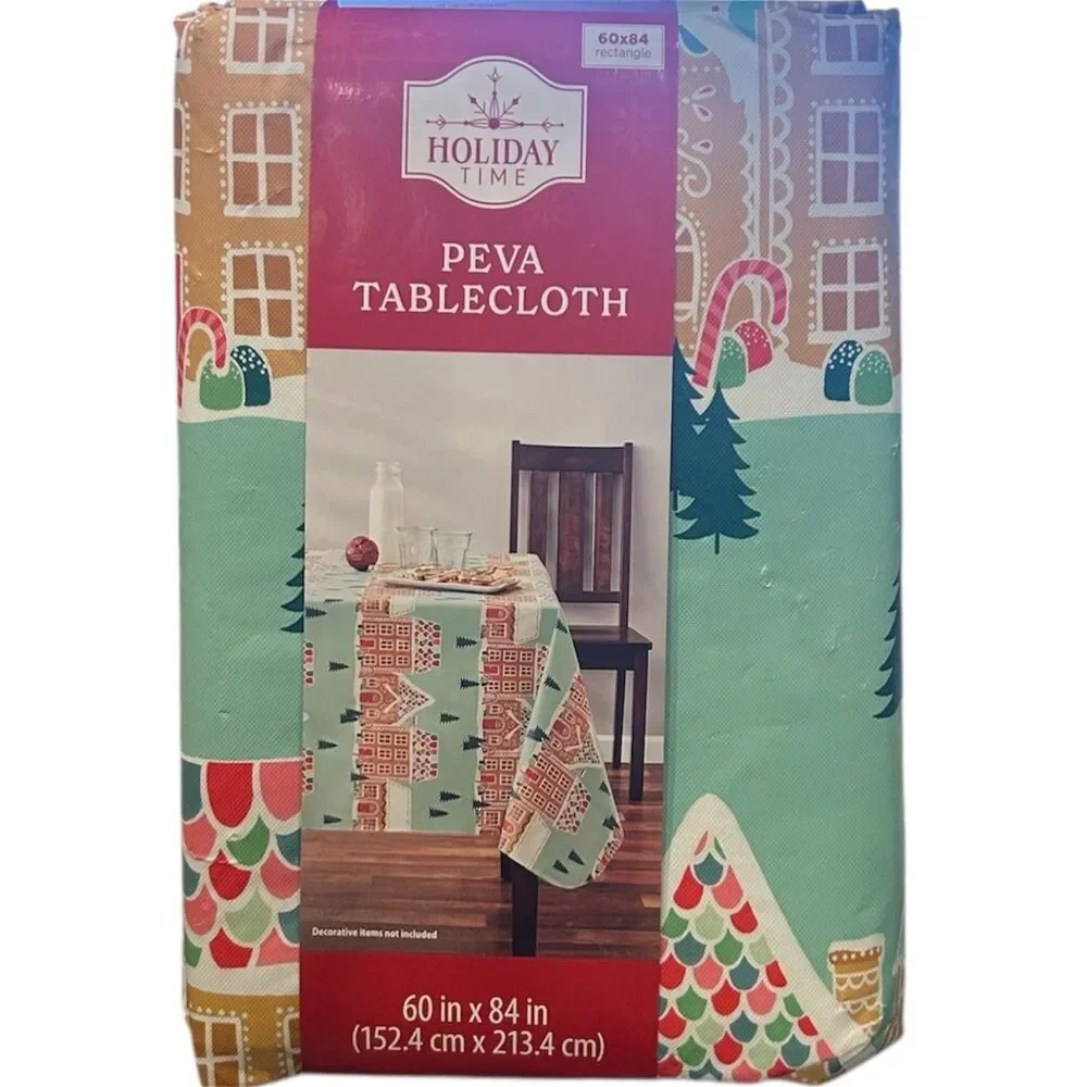 Holiday Time Christmas PEVA Tablecloth Gingerbread House Rectangle 60X84